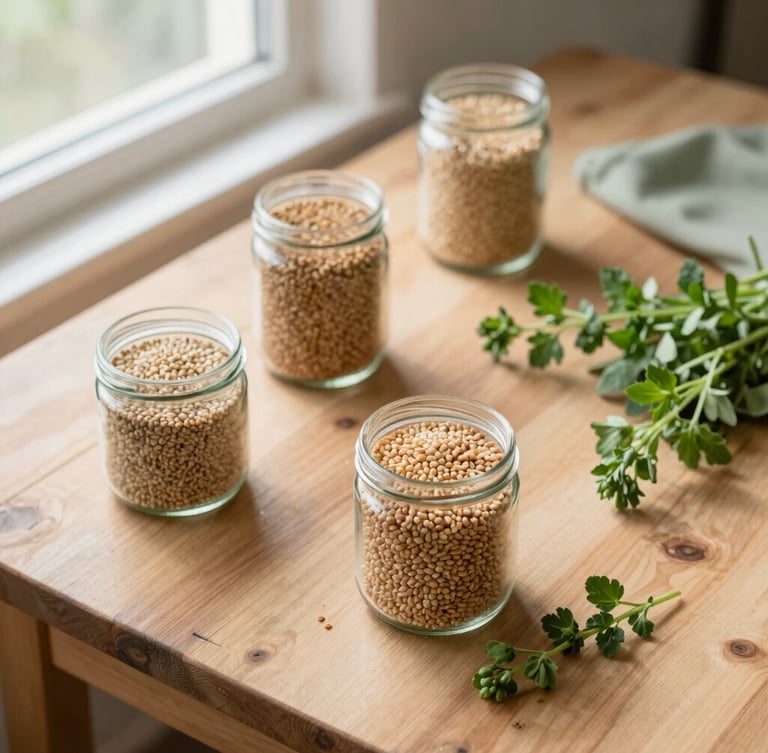 Overhead flatlay of rustic wooden table with jars of grains, fresh herbs, and warm morning light pouring in from a window on the left, shallow depth of field