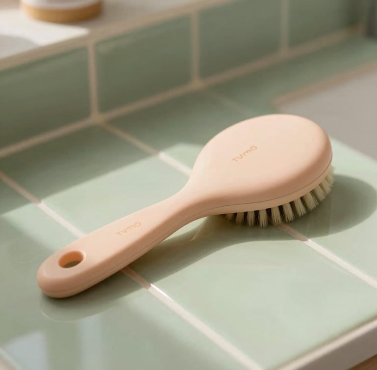 A beautiful close-up of a sleek Tymo styling brush resting on a sage green tiled counter, soft morning light reflecting off its smooth surface