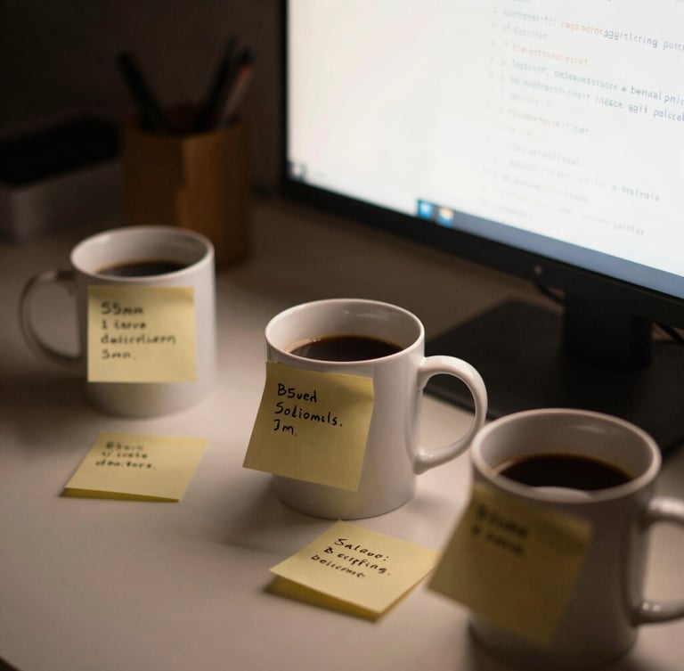 cozy lo-fi photography, warm monitor glow, close-up of a messy desk with three coffee mugs, handwritten sticky notes with code corrections, shallow depth of field, 35mm