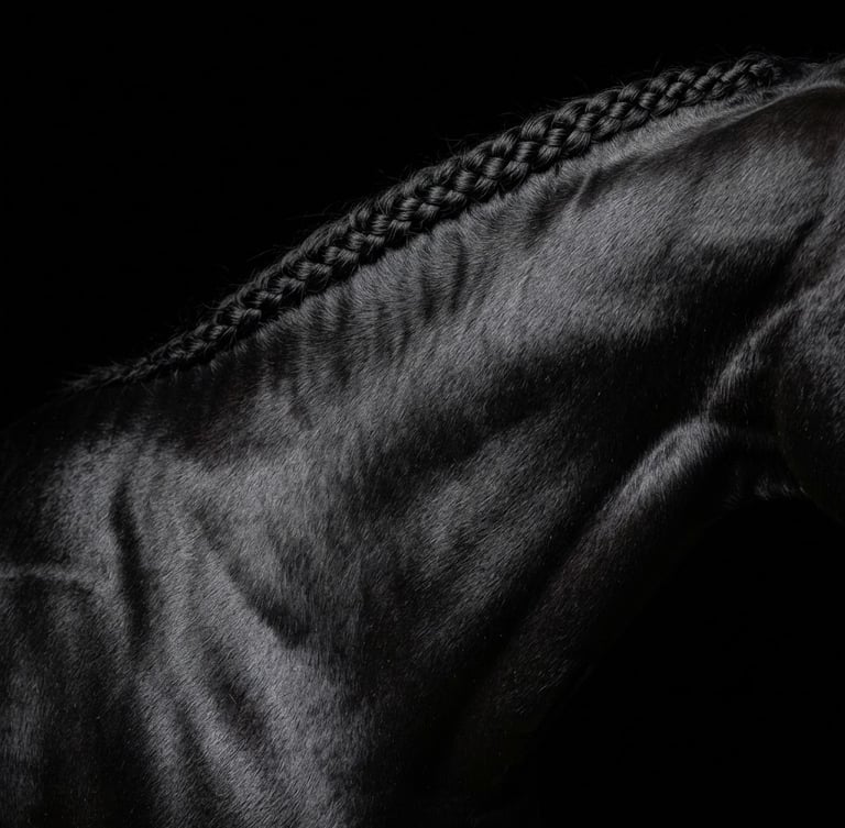 Macro shot of a black stallion's neck, showcasing an immaculate, tight running braid along the crest of the neck. Dramatic low-key side lighting catches the golden sheen of the hair and muscle definition, set against a solid obsidian black background, sharp focus on hair texture, 85mm lens.