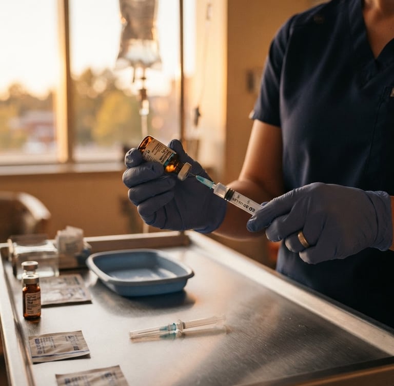 Close-up of a nurse's hands meticulously preparing medication with sterile instruments, soft golden-hour window light, rich deep tones, shallow depth of field, focus on precision and care