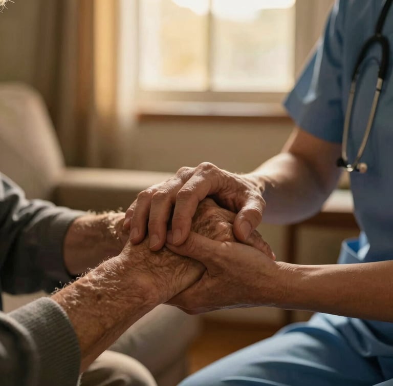 Intimate close-up of a nurse's hands gently holding an elderly patient's hand in a warm, sunlit living room, soft golden-hour window light, shallow depth of field, rich deep tones
