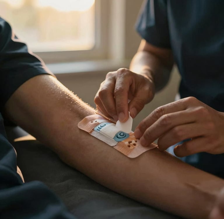 Close-up of a nurse gently applying a modern wound dressing on a patient's arm, hands interacting with care, soft golden-hour window light, rich deep tones, shallow depth of field, focus on human connection and clinical precision