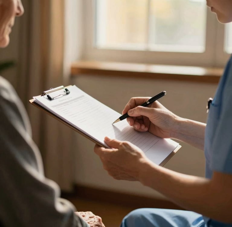 Close-up of a nurse gently reviewing patient charts with an elderly patient in a sunlit home, hands visible, conveying precision and human connection, warm editorial photography, soft golden-hour window light, rich deep tones, shallow depth of field