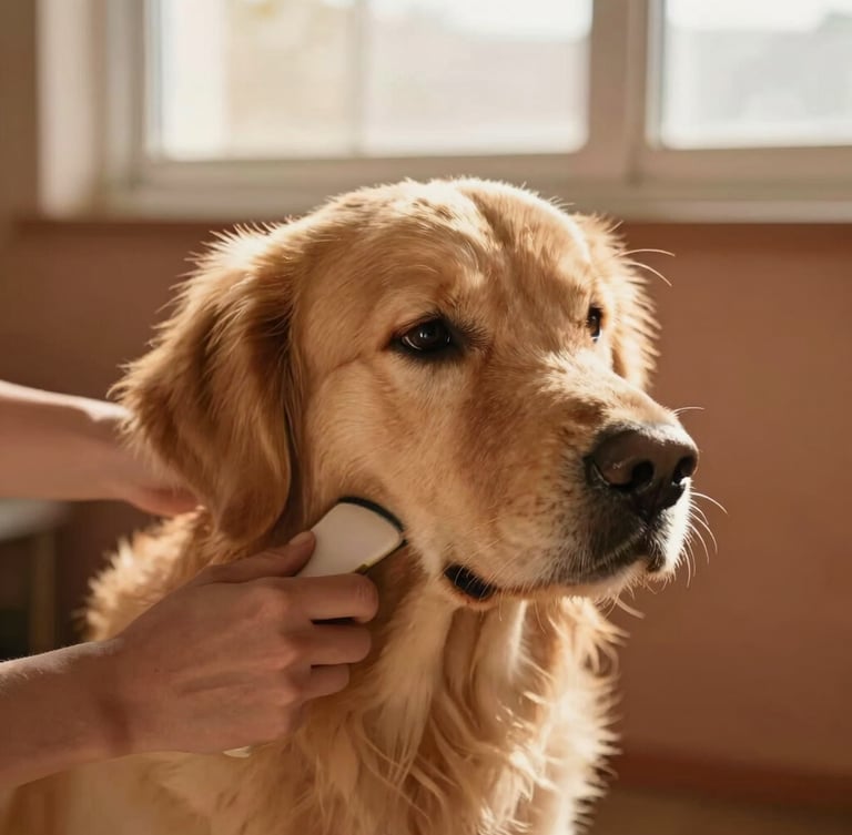 A close-up of gentle hands grooming a calm golden retriever under soft golden-hour window light, warm clay background, shallow depth of field