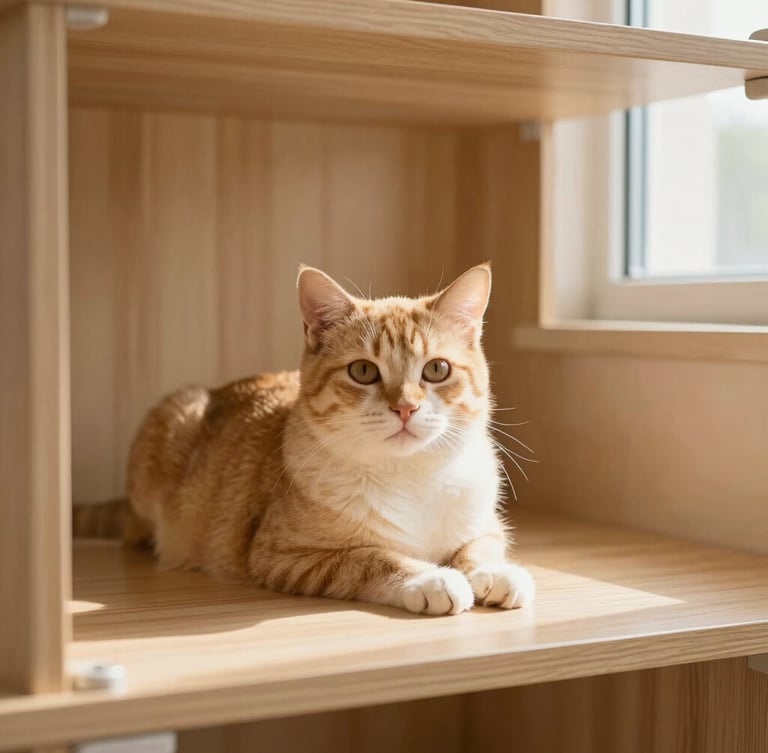 A serene cat resting in a sunlit, clean boarding suite with natural wood accents, warm desert sand tones, soft window daylight