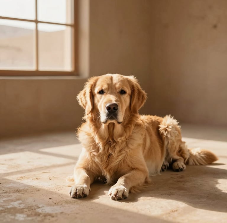 A calm golden retriever resting on a clean, sunlit concrete floor in a warm desert-paced pet sanctuary, soft golden-hour window light, earthy sand and clay tones, shallow depth of field.