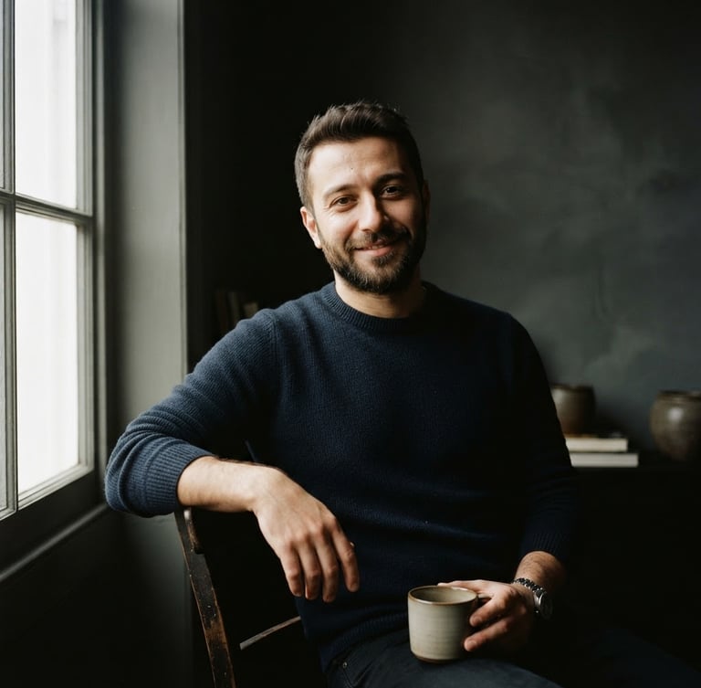 High-contrast, relaxed professional portrait of Caner Demir, natural window light with deep shadows, minimalist background, 35mm film look.