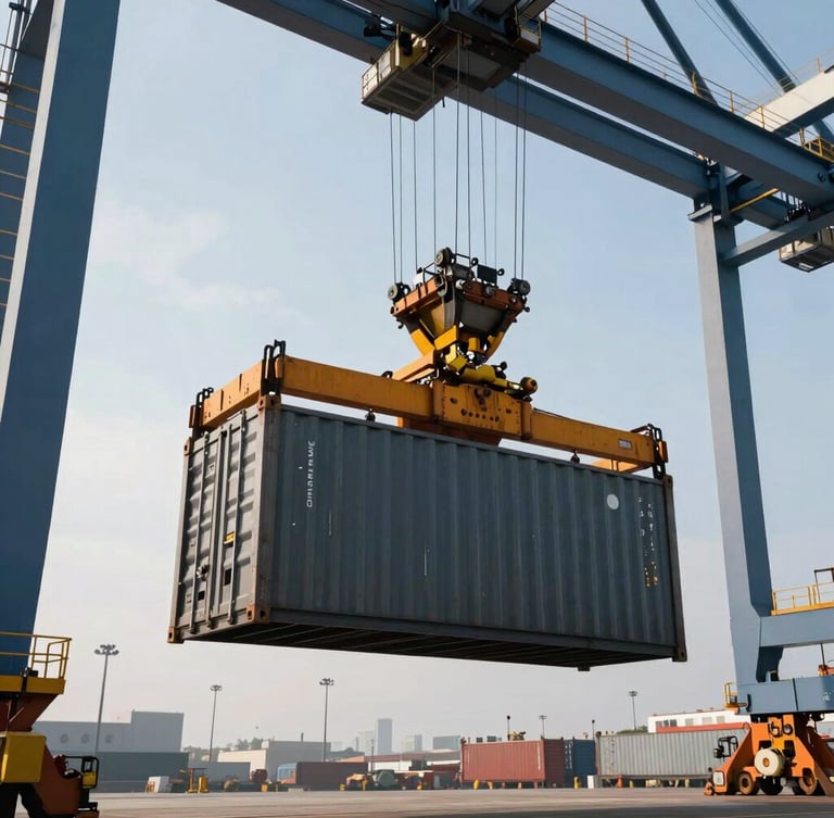 Wide-angle industrial crane lifting a heavy steel cargo container at a busy port terminal, high-contrast daylight, steel structures framing the shot.