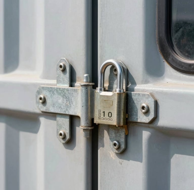 Close-up shot of cargo container doors being sealed with a heavy-duty numbered steel lock, bright industrial daylight, sharp focus on the metallic seal