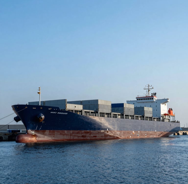 A wide-angle sharp shot of a modern cargo ship docked at a deep-water port in cool morning daylight, steel blue tones, industrial commercial photography