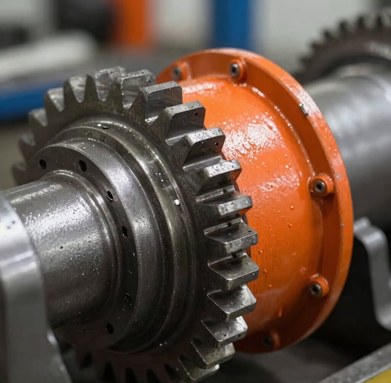 Close-up of a heavy-duty truck transmission gear, metallic steel textures, harsh workshop lighting, sharp focus, 35mm