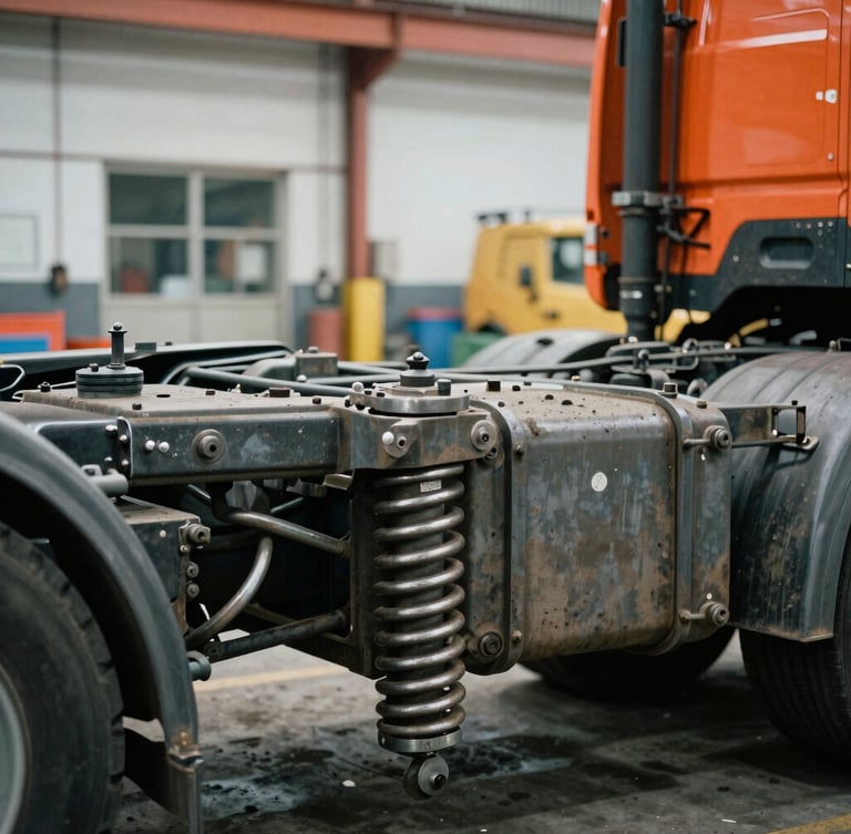 Close-up of a heavy truck steel suspension and chassis, gritty industrial photography, harsh workshop lighting, metallic steel and high-visibility orange tones, sharp focus, 35mm