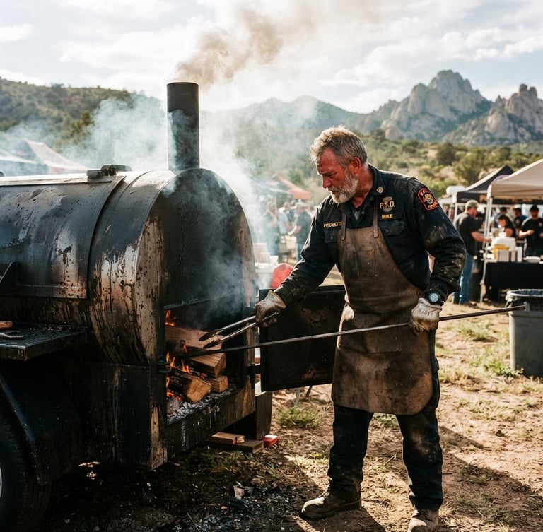 A rugged firefighter-turned-pitmaster in a dark uniform tending a massive black steel smoking trailer, billowing white wood smoke, dramatic high-contrast sunlight, Prescott Arizona background.