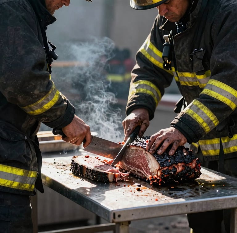 Side view of firefighters in dark uniforms slicing a massive brisket with heavy black bark on a metal prep table, dramatic firelight glow