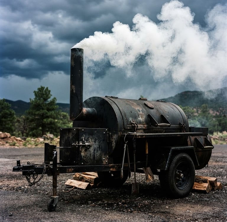 Close-up of a rugged black steel smoking trailer with billowy white smoke rising against a dark Prescott sky, high-contrast natural light