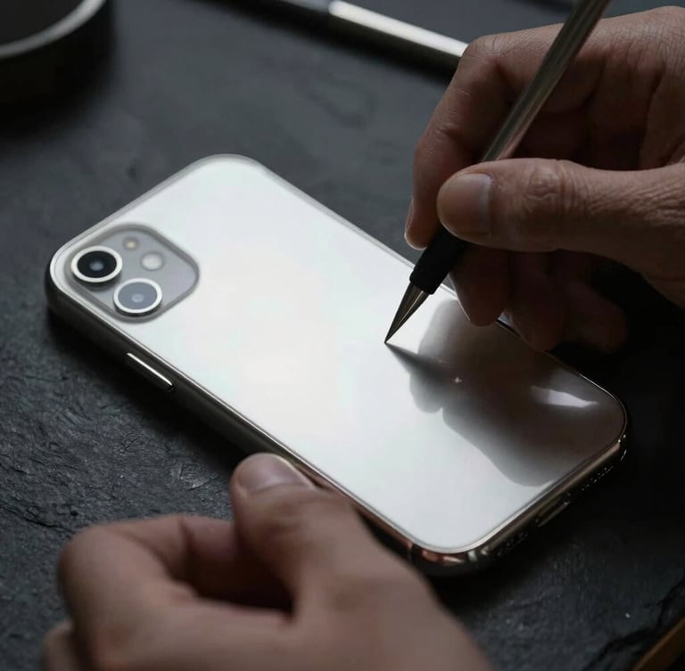Macro photograph of a master artisan's hands carefully engraving a solid sterling silver iPhone case, sharp specular highlights on the metallic grain, low-key dramatic side-lighting, dark slate background, 35mm.