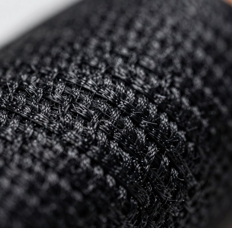 Extreme macro close-up of a raw technical textile weave, showing high-tensile black nylon fibers under sharp, high-contrast industrial lighting.
