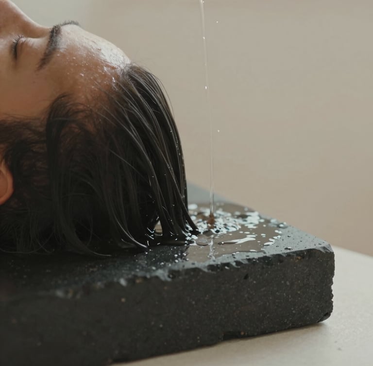 Macro shot of warm water flowing gently over dark hair on a black stone headrest, soft diffused natural light, shallow depth of field, 35mm