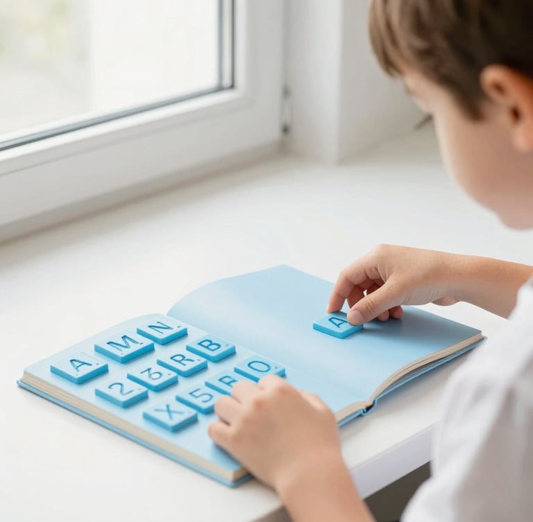 Focused child engaging with physical books and tactile letter tiles, bright natural window light, bright editorial photography, shallow depth of field, 35mm