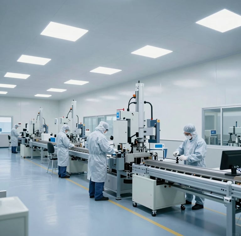 Wide-angle architectural shot of a modern, clean industrial manufacturing facility interior, with automated assembly lines and technicians in cleanroom attire. Cool, bright industrial daylight.