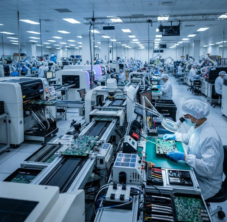 Wide panoramic shot of a modern, brightly lit electronic component manufacturing facility in Taiwan, workers in clean suits assembling PCBs, sharp focus on precision machinery, cool blue and white studio lighting.
