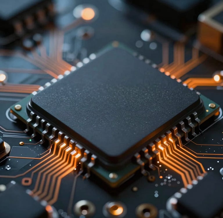 Extreme close-up macro shot of a physical mobile processor chip on a dark circuit board, glowing orange filament lines tracing connections, high-contrast cool blue-gray ambient lighting.
