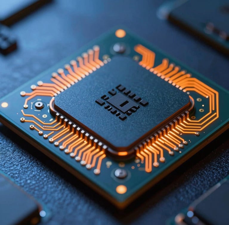 Macro close-up of a mobile processor chip glowing with molten orange circuit lines, cool blue ambient light casting sharp shadows on metallic components.