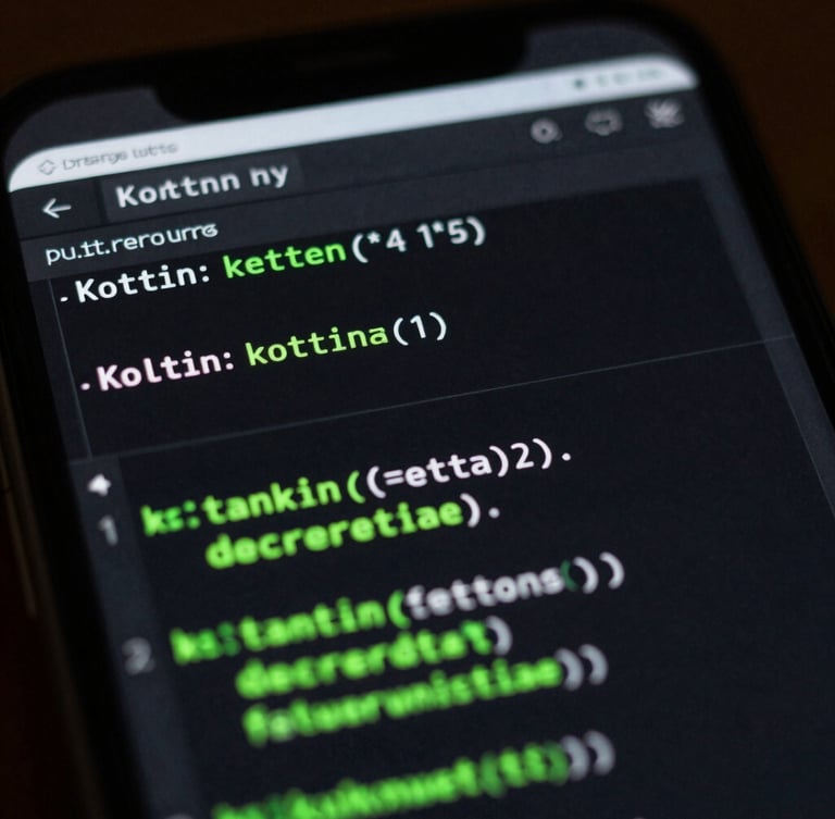 Ultra-close macro shot of a dark mobile screen displaying high-fidelity Kotlin code lines with electric green highlights, low-key ambient lighting, IDE terminal interface.