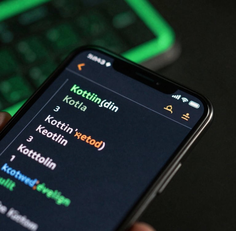 Ultra-close macro shot of a high-performance Android smartphone screen showing real-time Kotlin code execution metrics, dark ambient background with sharp electric green backlighting