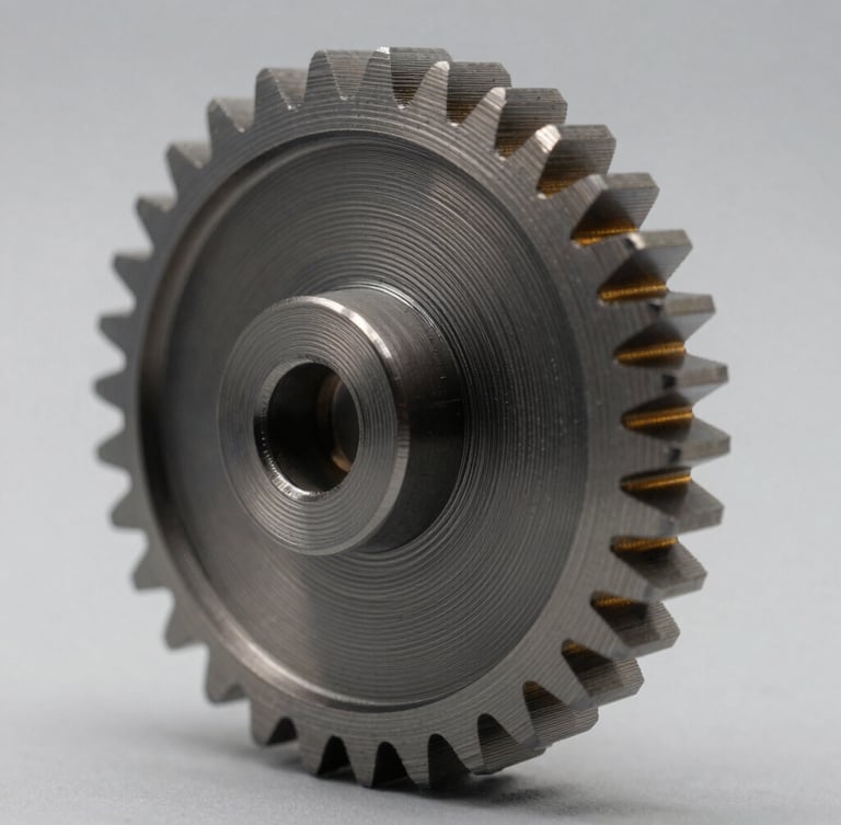 Macro shot of a high-precision 3D printed mechanical gear, showing perfect layer adhesion, cool diffused studio lighting with a subtle gold backlight highlighting the clean edges, neutral gray background.