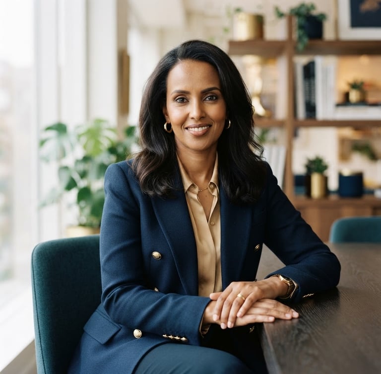 Elegant portrait of Amina Sidiqi, founder of SASS LLC, in a modern, well-lit studio, soft natural light, deep navy and warm gold tones, sharp focus, 35mm, looking confidently towards the viewer.