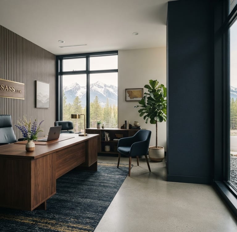 Elegant, modern office interior in Kalispell, Montana, with soft natural light, a sleek desk, and a subtle SASS LLC branding element in the background, wide shot with ample negative space on the right for text. premium editorial photography, soft natural light, deep navy and warm gold tones, sharp focus, 35mm
