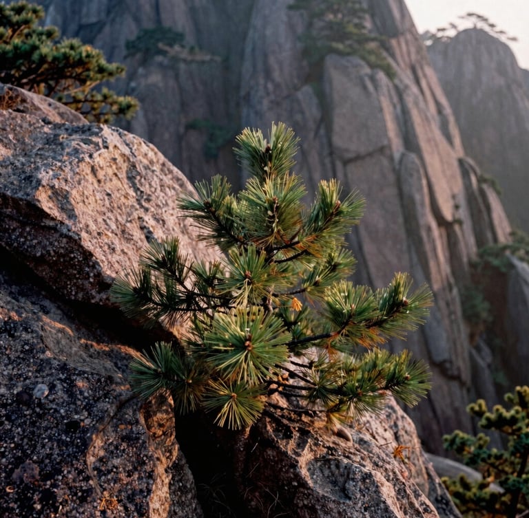 Close-up of native pine needles and rough granite rocks under soft, misty morning light, rich natural earth tones, 35mm film texture.