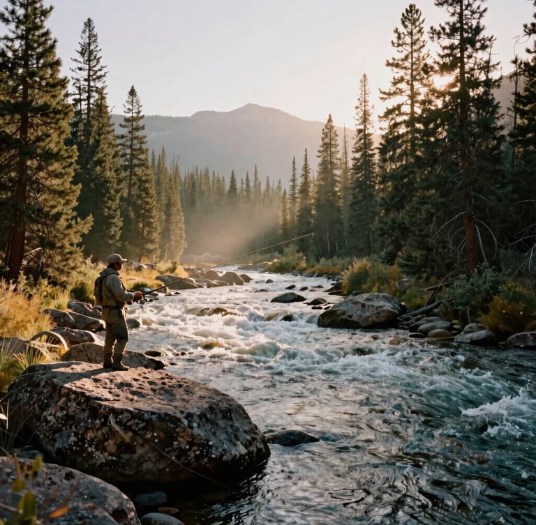 Warm editorial landscape photography of a fly fisherman casting a line into a clear, rushing Kootenai mountain river, surrounded by tall pine trees and granite rocks, soft morning mist, low-angle golden-hour sunlight casting long shadows.