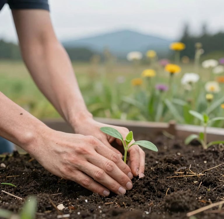 Close-up of volunteer hands gently pressing a young lavender seedling into rich dark soil, soft overcast Pacific Northwest daylight, shallow depth of field, 35mm