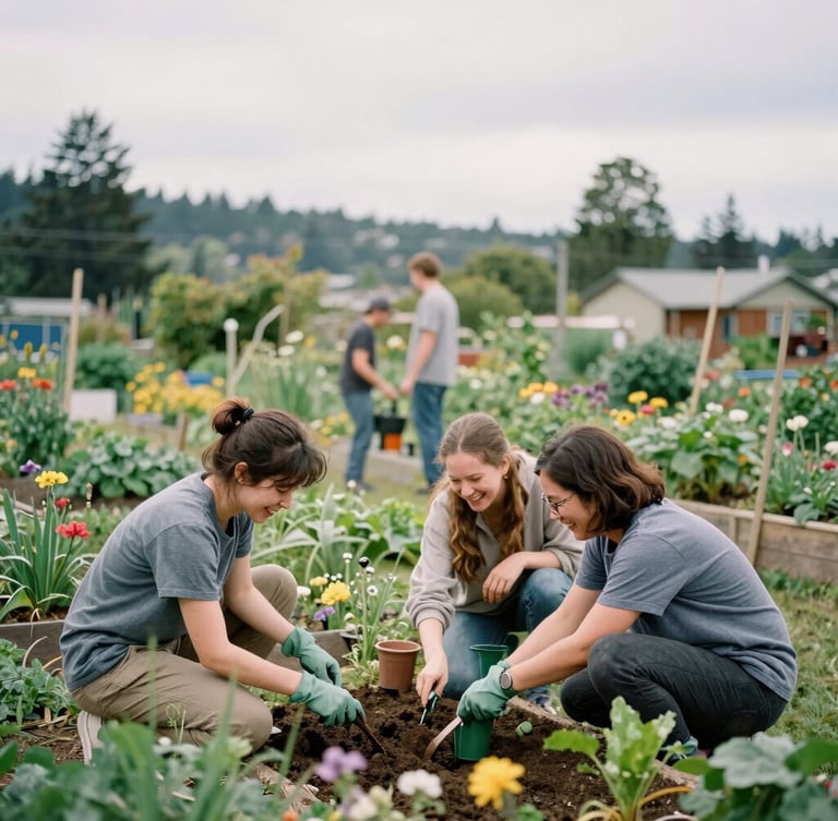 Warm documentary photography of diverse neighbors laughing while digging in a lush community garden under soft overcast Seattle skies, 35mm.