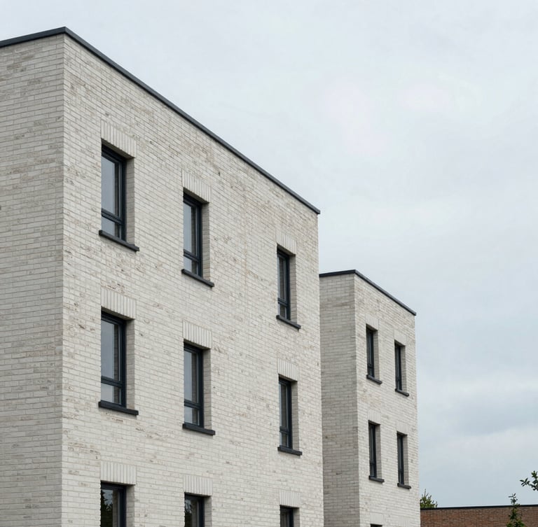 Clinical straight-on shot of a modern UK housing development under overcast daylight, clean slate brickwork, sharp architectural lines, negative space on the right.