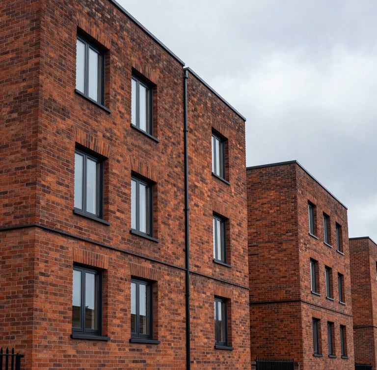 Clinical straight-on shot of a modern brick residential development in Birmingham under overcast West Midlands skies, crisp mortar lines, sharp architectural angles.
