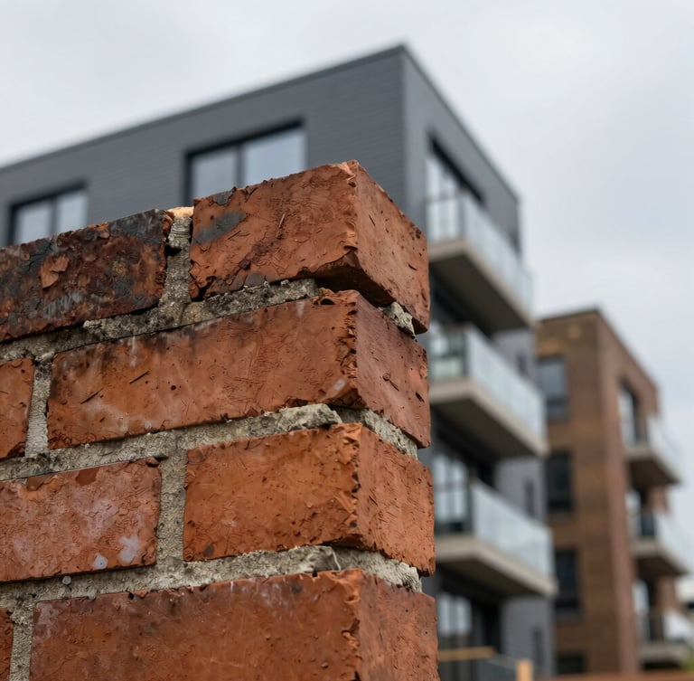 Macro close-up of a construction defect showing misaligned brickwork and compromised mortar joints on a modern London apartment exterior, overcast daylight.