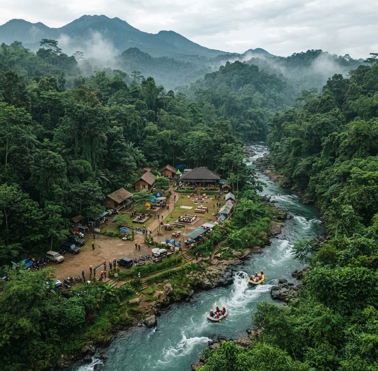 Wide aerial drone shot of the lush green Cisadane Adventure basecamp in Bogor, surrounded by tropical rainforest and the winding Cisadane river, natural morning mist, 35mm