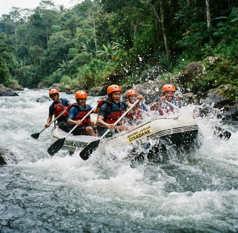 Dynamic low-angle action shot of a rafting boat navigating wild rapids on the Cisadane river, water splashing dramatically, participants wearing safety orange helmets and life jackets, overcast daylight, rich forest green background, 35mm