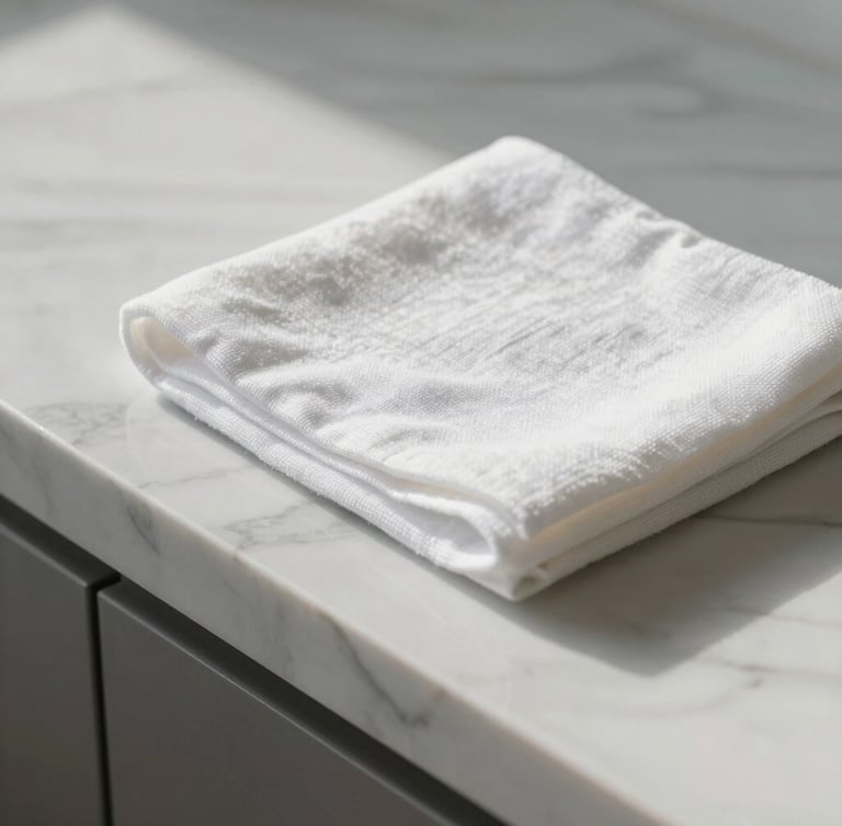 Macro shot of a pristine marble countertop with soft morning light, a perfectly folded white cotton cloth in the corner, clean architectural lines.