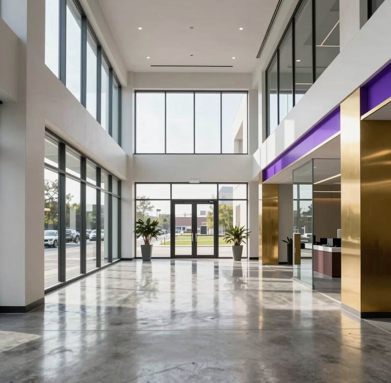 Straight-on architectural shot of a modern minimalist corporate office lobby in Yankton, polished concrete floors reflecting bright daylight from large windows, clean glass partitions, premium gold and purple accents.