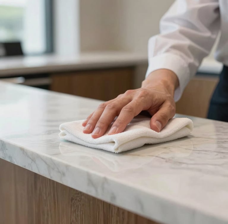 Macro detail shot of a professional hand in a clean uniform carefully wiping a pristine marble countertop in a corporate reception area, soft natural daylight, sharp focus.
