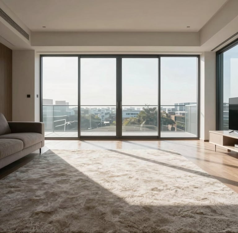 Straight-on architectural shot of a modern, sunlit living room with sharp vacuum lines on a plush carpet, bright natural daylight streaming through clean windows, high clarity