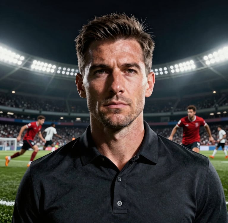 Close-up portrait of a serious sports journalist in a dark modern studio, dramatic high-contrast stadium lighting from behind, moody graphite atmosphere, 85mm lens