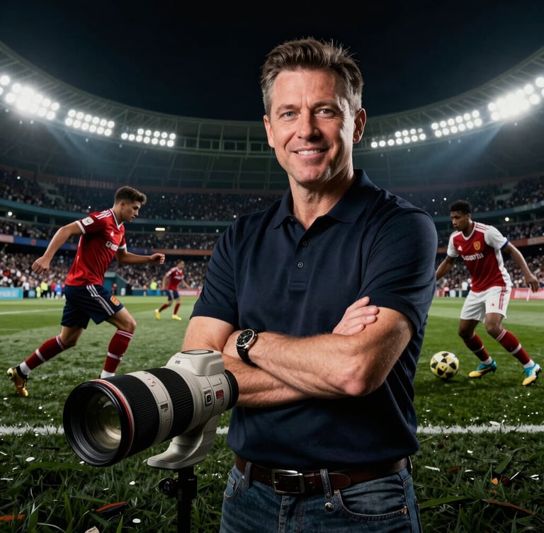 Expressive portrait of a sports journalist in a dark studio, dramatic stadium lighting, high contrast, professional setup