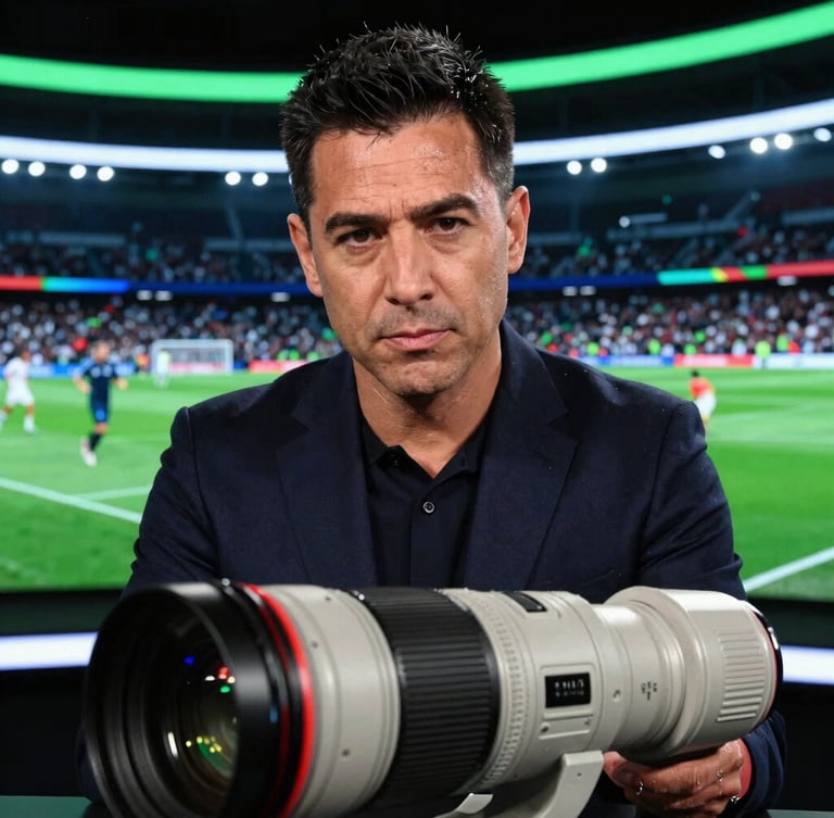 A close-up of a professional sports journalist in a dark modern studio, focused expression, high-contrast lighting, neon green accents in background