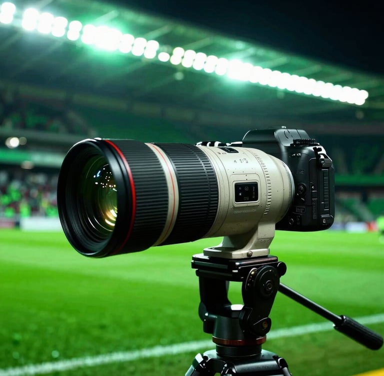 Close-up of professional camera lens on a tripod at a brightly lit stadium sideline, high contrast, saturated neon-green sideline lights, dynamic sports photography